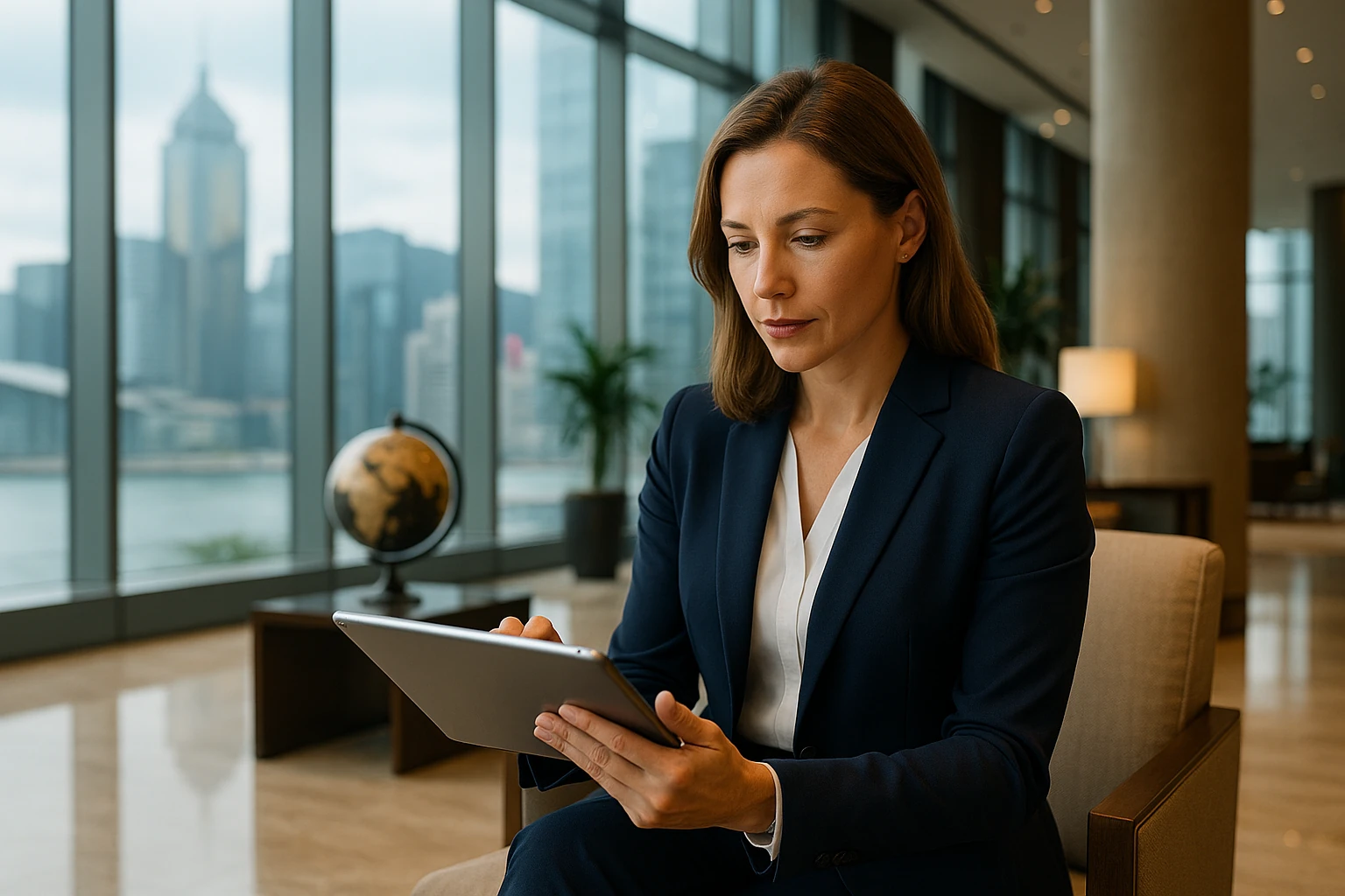 Femme d’affaires en costume utilisant une tablette dans un bureau moderne, illustrant l’investissement en private equity pour expatriés.